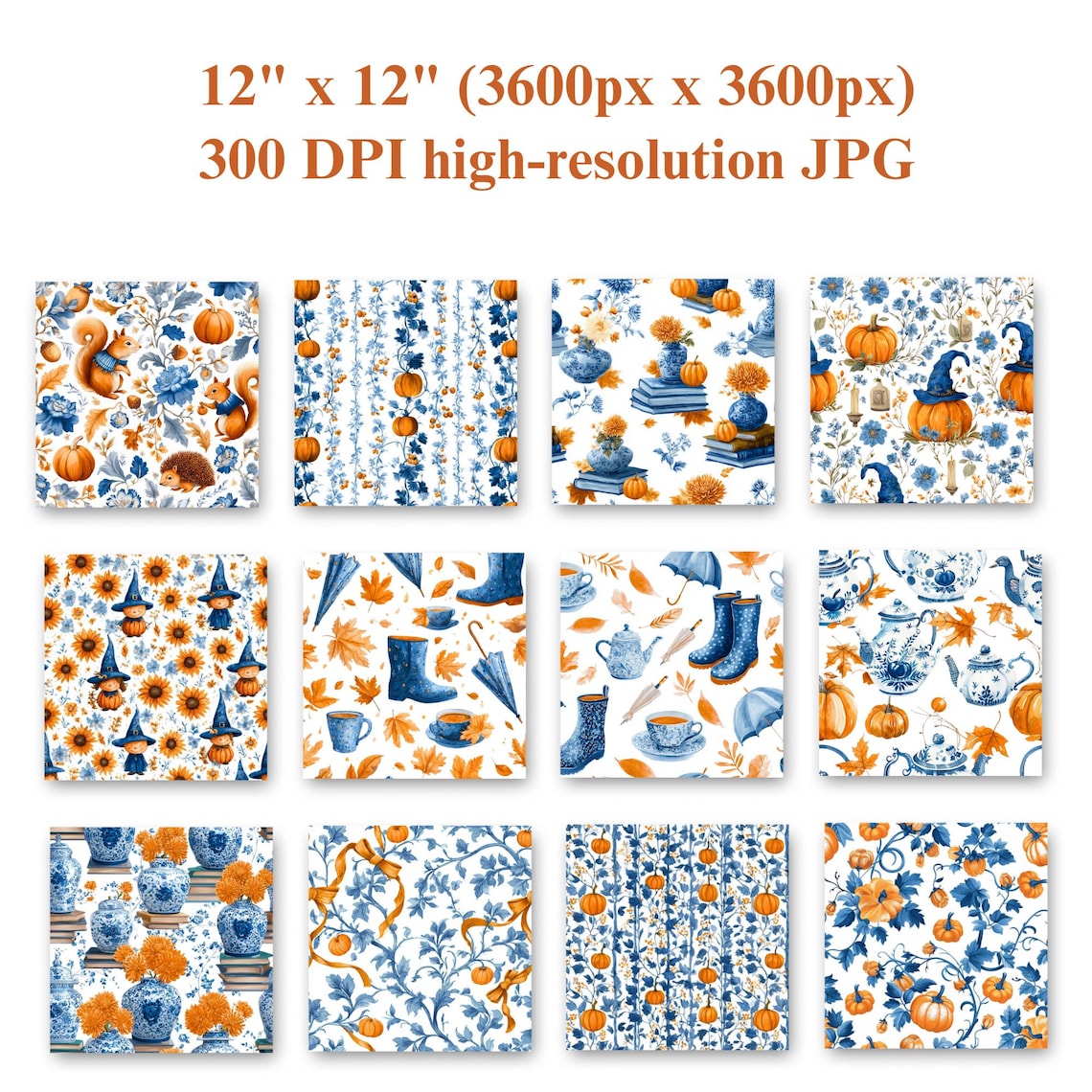 35 Fall Toile Seamless Patterns, Blue Orange Pumpkin Floral, Fox ...
