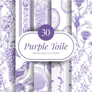 Könnte beinhalten: Eine Sammlung von 30 nahtlosen lila Toile-Mustern. Die Designs zeigen florale, Vogel- und botanische Illustrationen in einem klassischen Stil. Der Text "Purple Toile" wird in einem weißen Oval angezeigt.