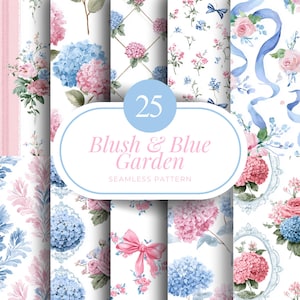 May include: A collection of 25 seamless patterns featuring watercolor floral designs in shades of blush pink and blue. The patterns include hydrangeas, roses, and ribbons, with the text "Blush & Blue Garden" and "Seamless Pattern".