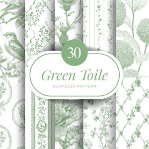 Puede incluir: Una colección de 30 patrones sin costuras de toile verde. Los patrones presentan ilustraciones botánicas de aves, flores y follaje. Los patrones están en tonos verdes sobre un fondo blanco. El texto "Green Toile" se muestra en un óvalo verde.