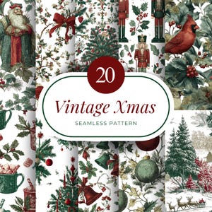 May include: A collection of 20 vintage Christmas seamless patterns. The patterns feature Santa Claus, nutcrackers, holly, Christmas trees, bells, ornaments, and a cardinal. The text "Vintage Xmas" is displayed in a white oval with a red circle containing the number 20.