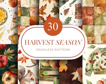May include: A collection of 30 watercolor seamless patterns with a harvest theme. The patterns feature apples, leaves, squirrels, and patchwork designs in warm autumn colors. The text "HARVEST SEASON SEAMLESS PATTERN" is displayed in a white oval.