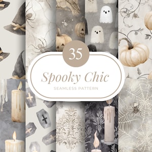 May include: A collection of watercolor seamless patterns with a spooky chic theme. The patterns feature witch hats, spiders, pumpkins, ghosts, candles, and coffins in a muted color palette. The text "35 Spooky Chic Seamless Pattern" is displayed.