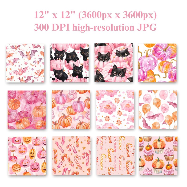 35 Cute Spooky Patterns, Pastel Pink Halloween Digital Paper (12x12 JPG ...