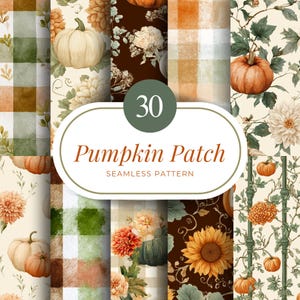 May include: A collection of 30 seamless patterns with a fall theme. The patterns feature pumpkins, flowers, and plaid designs in shades of orange, green, and brown. The text "Pumpkin Patch" is displayed in a decorative font.