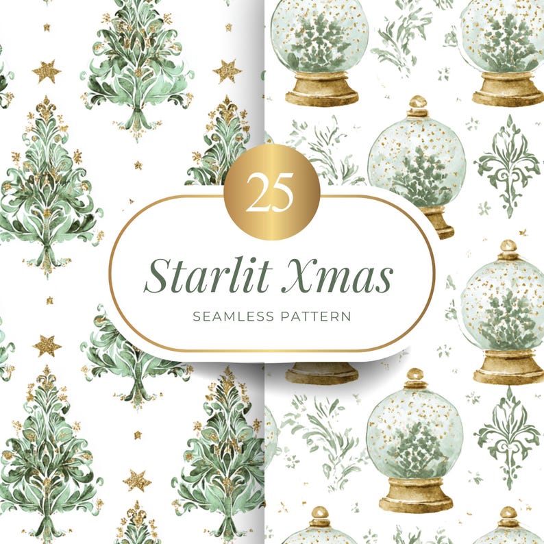 Vintage Christmas Seamless Patterns, Watercolor Green and Gold Xmas ...