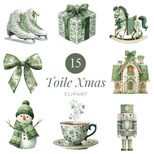 15 Toile Christmas Clipart, Vintage Green Holiday PNG-element för klistermärken, inbjudningar, scrapbooking, inslagning och hantverk