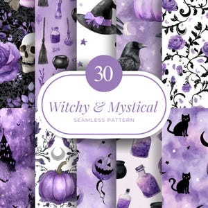 May include: A set of 30 seamless patterns with a witchy and mystical theme. The designs include watercolor illustrations of witch hats, pumpkins, black cats, potion bottles, and roses in purple, black, and white. The text "Witchy & Mystical" is displayed.