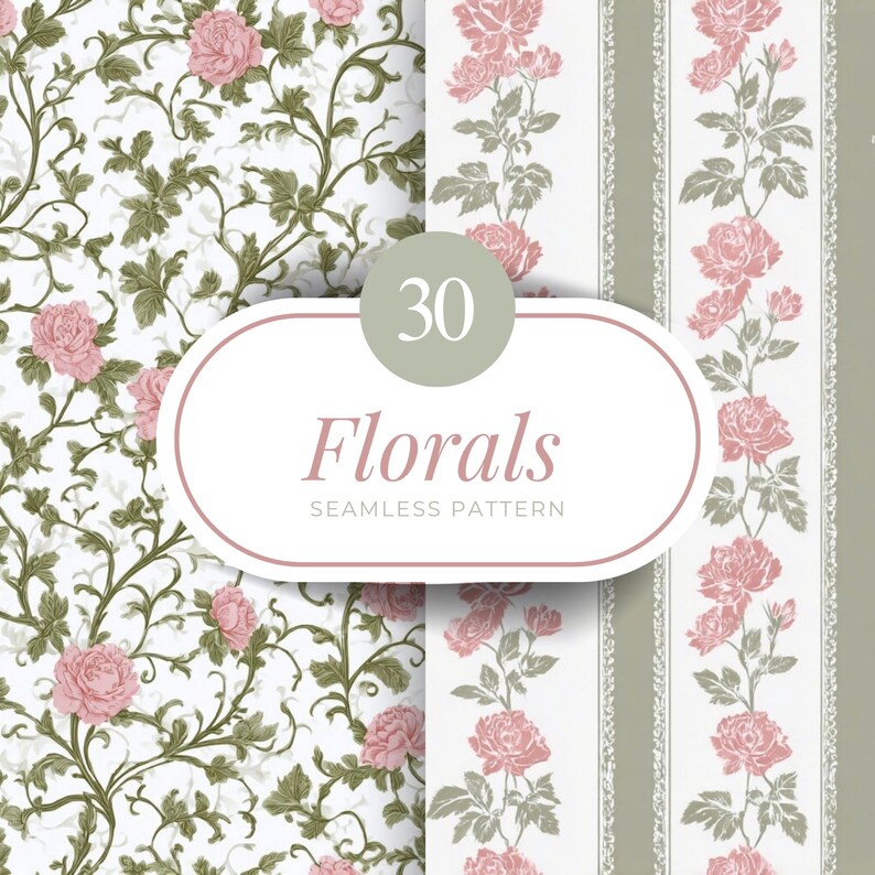 30 Vintage Floral Seamless Patterns, Shabby Chic Digital Paper for ...