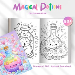 Gedurfde en gemakkelijke magische drankjes kleurboek voor volwassenen en kinderen | 50 kawaii potion kleurplaten | Afdrukbare fantasy-stressverlichting