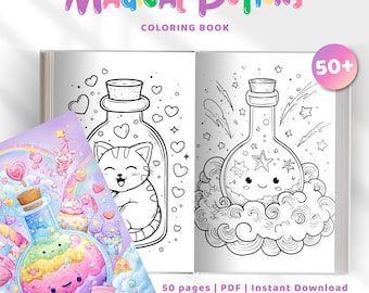 Bold and Easy Magical Potions Coloring Book for Adults & Kids | 50 Kawaii Potion Bottle Coloring Pages | Printable Fantasy Stress Relief