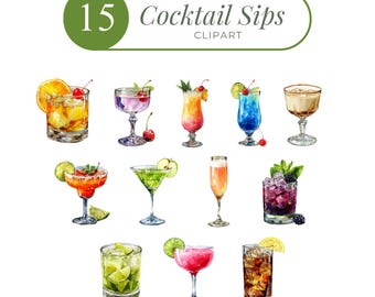 Watercolor Cocktail Clipart: Tropical Drink PNG Set (Digital Download