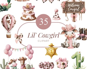 Lil' Cowgirl Clipart, Pink Western Birthday Party PNGs (Digital Download)