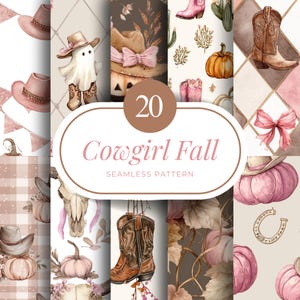 May include: A set of 20 "Cowgirl Fall" seamless patterns. The designs include watercolour illustrations of cowboy hats, boots, pumpkins, and floral elements in pink, brown, and beige. The patterns are suitable for various crafting projects.