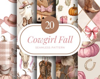 20 patrones sin costuras de vaquera otoñal, papel digital de otoño occidental, impresiones de botas de calabaza rosa y rústicas con sombrero de vaquera, descarga instantánea