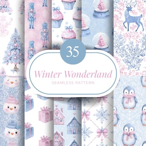 Puede incluir: Una colección de patrones sin costuras en acuarela con temática de invierno. Los patrones presentan elementos como bolas de nieve, cupcakes, cascanueces y pingüinos en tonos azules, rosas y blancos. Se muestra el texto "Winter Wonderland".