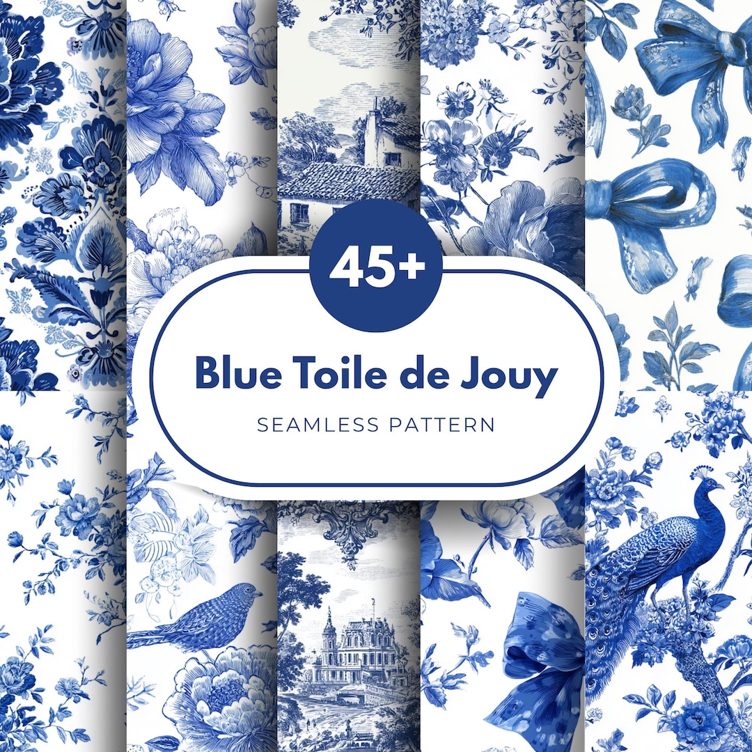 45 Blue Toile De Jouy Seamless Patterns, French Vintage Digital Paper ...