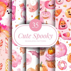 May include: A set of 35 seamless patterns with a cute and spooky Halloween theme. The patterns feature watercolour illustrations of pumpkins, ghosts, candy corn, cupcakes, and moons in pink, orange, and white. The text "Cute Spooky" is displayed in a pink oval.