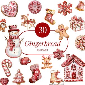 30 Gingerbread Clipart, Festive Holiday Baking Decorations, Cookies, Candy Canes, Snowman, PNG, Instant Download
