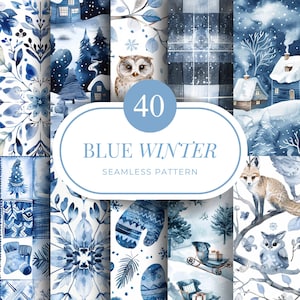 May include: A selection of 40 seamless patterns in blue hues, showcasing winter scenes. The designs include snowy landscapes, owls, foxes, mittens, and houses. The text "BLUE WINTER" is displayed prominently.
