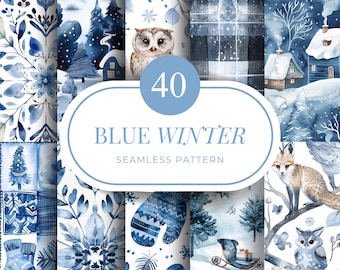 May include: A selection of 40 seamless patterns in blue hues, showcasing winter scenes. The designs include snowy landscapes, owls, foxes, mittens, and houses. The text "BLUE WINTER" is displayed prominently.