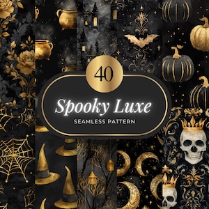 Puede incluir: Una colección de 40 patrones sin costuras "Spooky Luxe". Los diseños presentan ilustraciones doradas y negras con temática de Halloween, incluyendo calabazas, murciélagos, castillos, lunas y calaveras. Adecuado para diversos proyectos de manualidades.