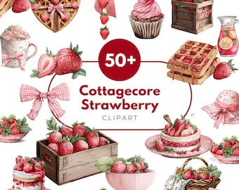 50 Cottagecore Strawberry Watercolor Clipart, Vintage Garden PNG, Berries, Bows, Sublimation, Invitations, Stickers, Instant Download