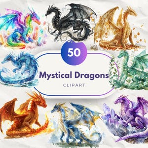 50 Mystical Dragons Clipart, Fantasy Dragon Illustrations, High-Resolution PNG Art for Crafts, Games, and Print
