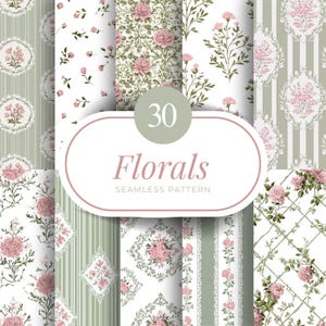 May include: A selection of 30 floral seamless patterns. The designs showcase pink roses, sprigs, and decorative elements on white and pale green backgrounds. The word "Florals" is displayed in a soft pink font.