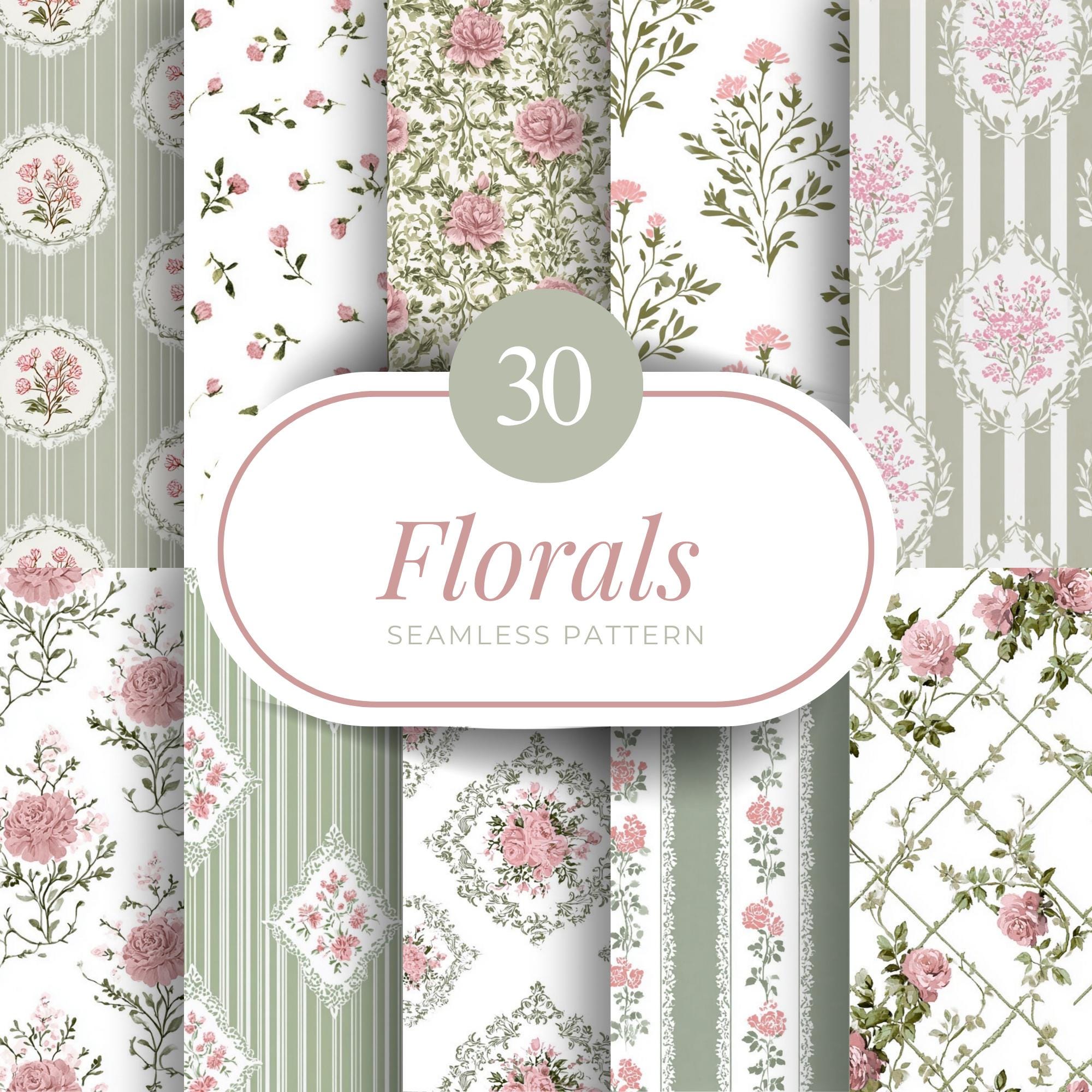 30 Vintage Floral Seamless Patterns, Shabby Chic Digital Paper for ...