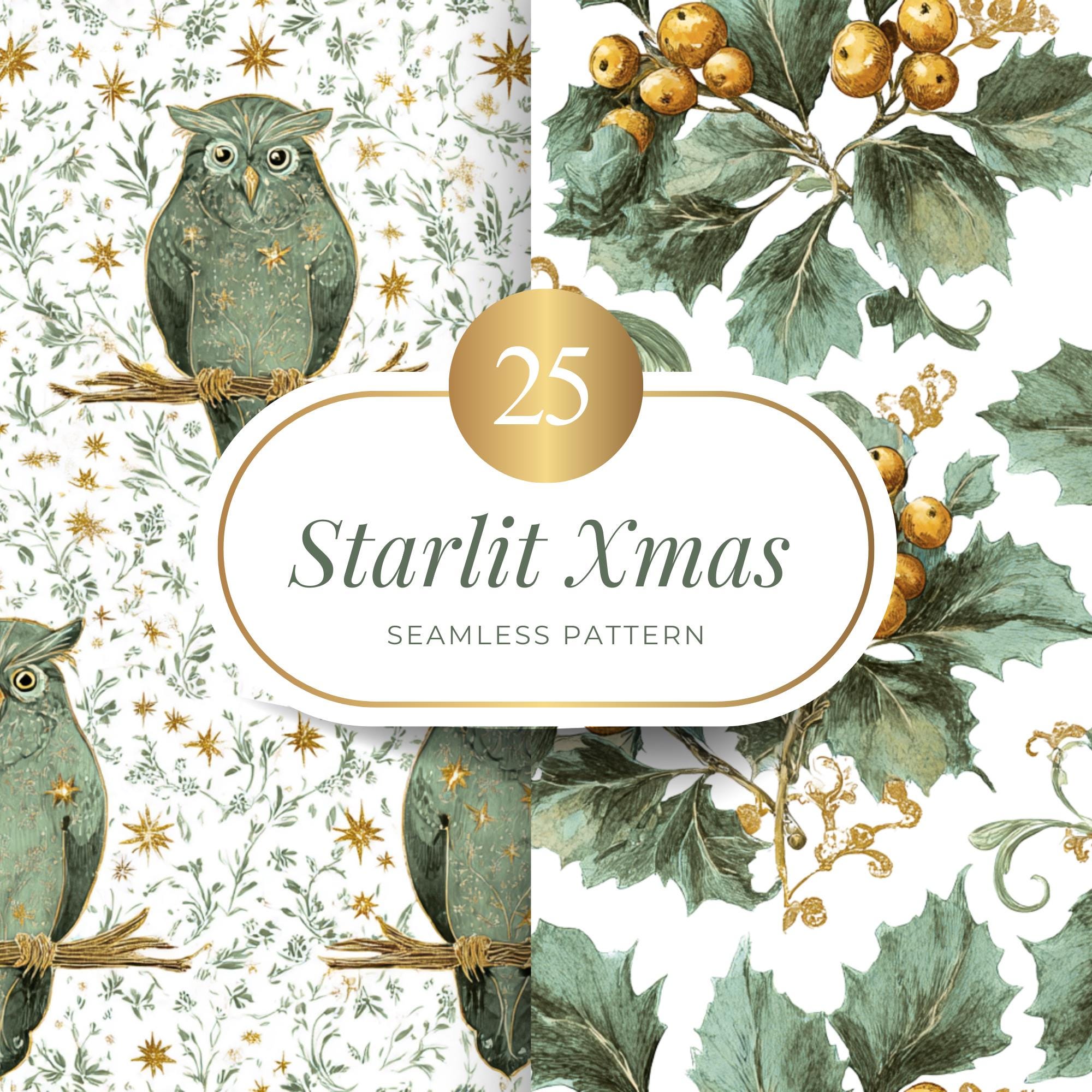 Vintage Christmas Seamless Patterns, Watercolor Green and Gold Xmas ...