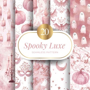 May include: A collection of 20 "Spooky Luxe" seamless patterns in shades of pink and white. The patterns feature Halloween-themed designs, including pumpkins, candles, bats, ghosts, and decorative masks. The patterns are watercolor-style and suitable for various craft projects.