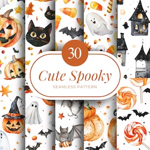 May include: A collection of 30 seamless patterns with a cute spooky theme. The patterns feature watercolor illustrations of pumpkins, black cats, bats, ghosts, candy corn, and haunted houses. The text "Cute Spooky" is displayed on the image.