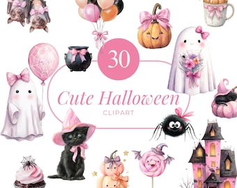 Imágenes prediseñadas de Halloween adorables, fantasma kawaii, rosa pastel, acuarela PNG (descarga digital)