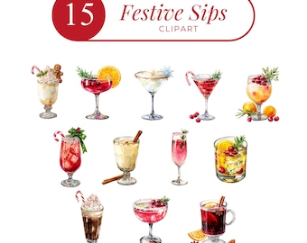 Watercolor Christmas Cocktails Clipart: Festive Holiday Drinks PNG Bundle