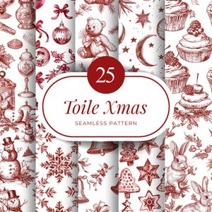 May include: A collection of 25 seamless patterns in a toile style, featuring Christmas-themed illustrations in shades of red and white. The patterns include images of ornaments, teddy bears, cupcakes, snowmen, and rabbits. The text "Toile Xmas" is displayed.