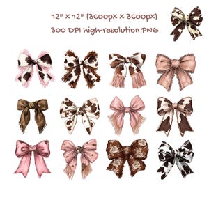 May include: A collection of twelve decorative bows in various styles and colors. The bows include cowhide patterns, solid colors, and floral designs. The image text reads: 12" x 12" (3600px x 3600px) 300 DPI high-resolution PNG.