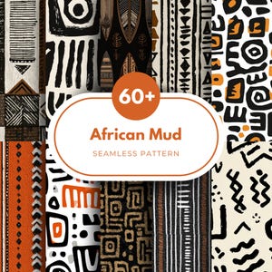 Könnte beinhalten: Eine Sammlung von über 60 African Mud nahtlosen Mustern. Die Muster weisen eine Vielzahl von Designs in Schwarz, Weiß, Orange und Braun auf. Das Bild enthält geometrische Formen, Stammesmotive und abstrakte Designs. Die Muster eignen sich für verschiedene Designprojekte.
