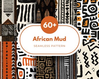 60 African Mud Cloth Seamless Patterns, Tribal Bogolan Digital Paper, 300 DPI, Printable Ethnic Geometric Patterns for Fabric & Crafts