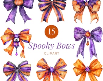 Watercolor Halloween Bow Clipart Set, Spooky Gothic PNG (Digital Download)
