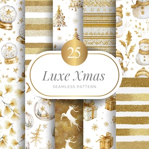 25 lujosos patrones navideños sin costuras, papel digital navideño con purpurina dorada, elegantes fondos navideños, lujoso conjunto de patrones invernales.