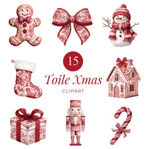 Puede incluir: Una colección de imágenes prediseñadas navideñas en acuarela. Las imágenes incluyen un hombre de jengibre, un lazo, un muñeco de nieve, un calcetín, una caja de regalo, una casa, un cascanueces y un bastón de caramelo. Todos los artículos presentan un patrón toile rojo y blanco.
