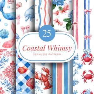 Puede incluir: Una colección de 25 patrones sin costuras de acuarela con temática costera. Los patrones presentan vida marina, lazos y rayas en tonos de azul, rojo y blanco. El texto "Coastal Whimsy" se muestra en un círculo azul.