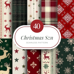 May include: A selection of 40 seamless Christmas patterns. The designs include reindeer, stars, snowflakes, and plaid in red, green, and white. The text "Christmas Szn" is displayed in a white oval.