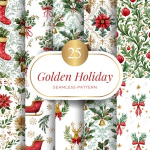 Puede incluir: Una colección de 25 patrones sin costuras "Golden Holiday". Los diseños presentan elementos festivos rojos, dorados y verdes, incluyendo flores de Pascua, campanas, lazos y renos. Adecuado para proyectos temáticos de vacaciones.