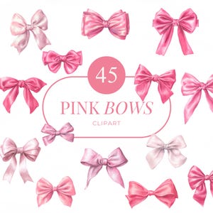45 Pink Bows Clipart, Watercolor Pink Ribbon Bow PNG Bundle, Girly Cute Bow Graphics for Invitations, Scrapbooking, Planner Stickers