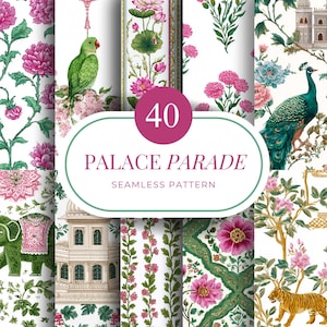 Könnte beinhalten: Eine Sammlung von 40 nahtlosen Mustern "Palace Parade". Die Muster zeigen florale Designs, Pfauen, Papageien, Elefanten und architektonische Elemente in Rosa, Grün und Gold auf weißem Hintergrund.