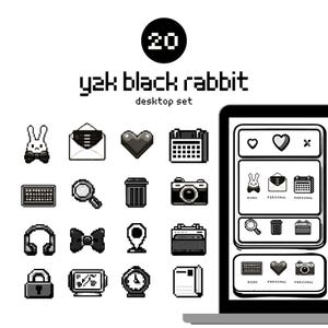 20 Y2K Black Rabbit Desktop Icons + 3 Desktop Organizers, Pixel Aesthetic Folder Icons For Mac & Windows, Monochrome Retro UI