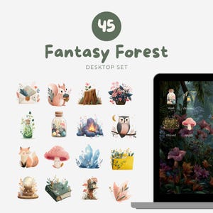 May include: A digital desktop set with a "Fantasy Forest" theme. The image features 16 watercolor illustrations of woodland creatures, plants, and objects, including a squirrel, owl, and mushroom. The set includes a laptop screen displaying a matching forest scene.