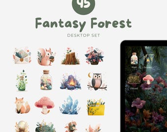 May include: A digital desktop set with a "Fantasy Forest" theme. The image features 16 watercolor illustrations of woodland creatures, plants, and objects, including a squirrel, owl, and mushroom. The set includes a laptop screen displaying a matching forest scene.